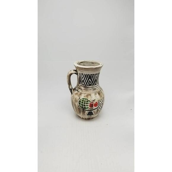 Vintage Pottery Vase, Pitcher Style Handle, Hand Painted Fruit, Japan - Picture 2 of 6